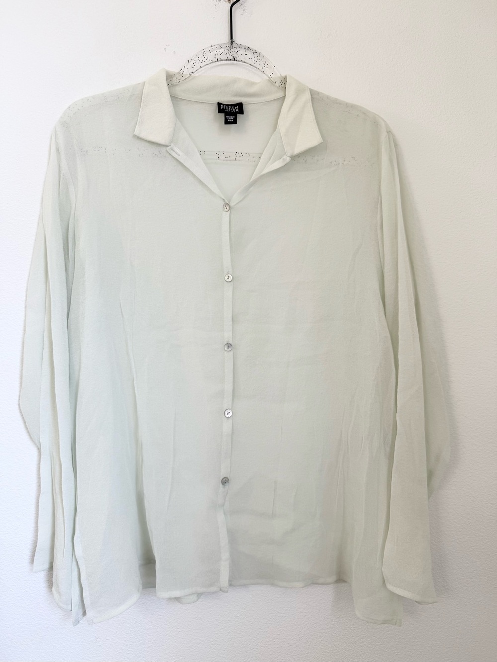 Eileen Fisher Light Green Sheer Silk Textured Long Sleeve Button up Shirt Sz PM